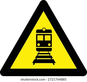 Ilustración vectorial de una señal de advertencia de cruce de trenes con un símbolo de vehículo ferroviario dentro de un símbolo de peligro triangular amarillo, que indica el peligro del tráfico ferroviario y la conciencia de seguridad.