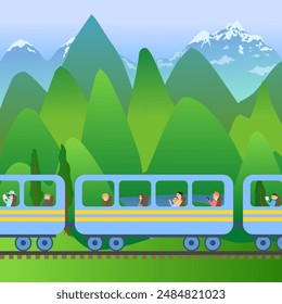 Vector illustration of a train journey through the green meadows of the foothills. People are sitting on the train, and in the background you can see nature, mountains and snowy ridges in the distance