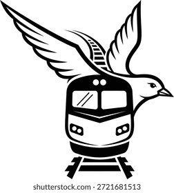 Vektorgrafik eines Lokomotivs mit großen Vogelflügeln, die Hochgeschwindigkeitsfahrt, Expresszustellung, Freiheit und schnellen Transit symbolisieren, einzeln auf weißem Hintergrund