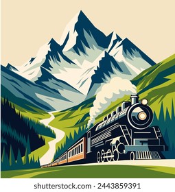 Vector illustration of train and mountain vintage style travel poster