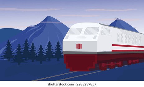 vector illustration of a train in the mountains. with a view of the mountains at night. for backgrounds or banners