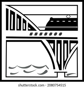 Vector illustration of a train on the bridge. Sign. Logo.