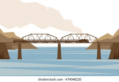 Vector illustration: Train on railway and bridge on landscape background