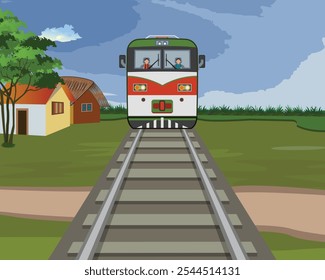 Ilustración vectorial de un tren en una pista ferroviaria rural - paisaje con tren que se acerca, casas, árboles y cielo nublado en el fondo