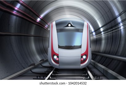 Vector Illustration Of Train Rail Subway Railway Railroad Moving In Tunnel. Isolated Front View