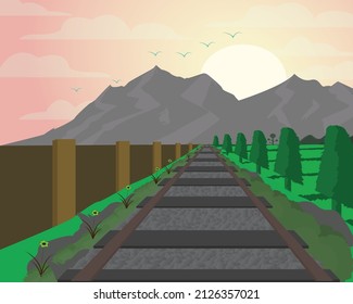 Vector illustration train rails with mountains view, tree, wall and sky.