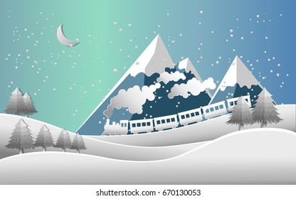 Vector Illustration Train In Snow Forest.