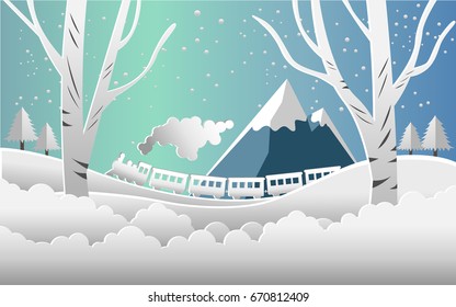 Vector illustration of train and snow forest. beautiful sky