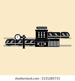 vector illustration of a train station, in black, perfect for icons, mascots, templates, posters, clipart, brochures, etc