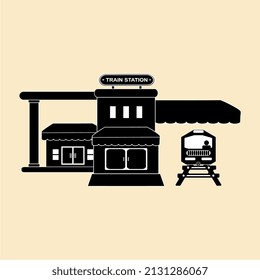 ilustración vectorial de una estación de tren, en negro, perfecta para iconos, mascotas, plantillas, carteles, clipart, folletos, etc