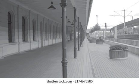 Ilustración vectorial de la estación de tren. Edificio de la estación de tren. Columnas con decoración de hierro, decoración floral. Ilustración en tonos grises. Viajes, vacaciones, vacaciones, verano. Estación de tren, vías de tren