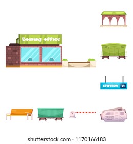 Vector illustration of train and station icon. Collection of train and ticket stock symbol for web.