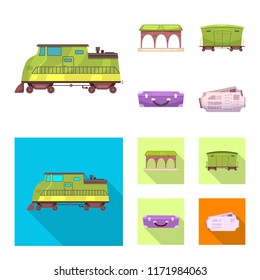 Vector illustration of train and station icon. Set of train and ticket stock vector illustration.