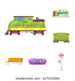 Vector illustration of train and station icon. Collection of train and ticket stock symbol for web.
