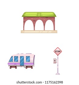 Vector illustration of train and station icon. Set of train and ticket stock vector illustration.