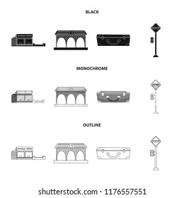 Vector illustration of train and station icon. Set of train and ticket stock vector illustration.