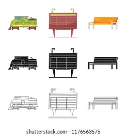 Vector illustration of train and station icon. Collection of train and ticket stock vector illustration.