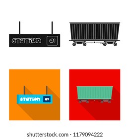 Vector illustration of train and station icon. Set of train and ticket stock symbol for web.
