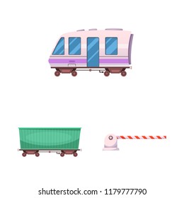 Vector illustration of train and station icon. Set of train and ticket stock vector illustration.