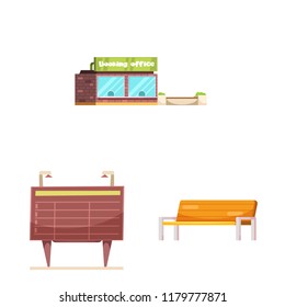 Vector illustration of train and station icon. Set of train and ticket vector icon for stock.