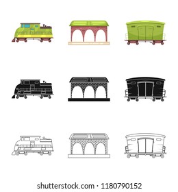 Vector illustration of train and station icon. Set of train and ticket vector icon for stock.