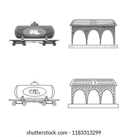 Vector illustration of train and station icon. Collection of train and ticket stock vector illustration.