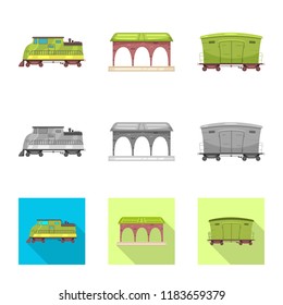 Vector illustration of train and station icon. Collection of train and ticket stock vector illustration.