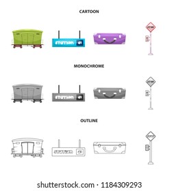 Vector illustration of train and station icon. Collection of train and ticket stock vector illustration.