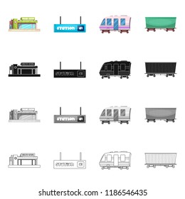 Vector illustration of train and station icon. Collection of train and ticket stock vector illustration.