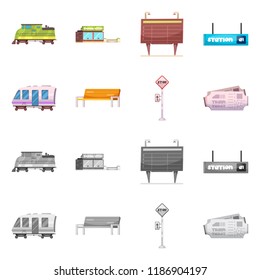 Vector illustration of train and station icon. Set of train and ticket stock symbol for web.