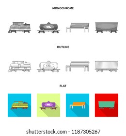 Vector illustration of train and station icon. Set of train and ticket stock symbol for web.
