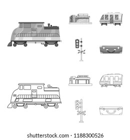 Vector illustration of train and station icon. Collection of train and ticket stock symbol for web.
