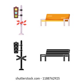 Vector illustration of train and station icon. Set of train and ticket vector icon for stock.