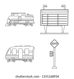 Vector illustration of train and station icon. Collection of train and ticket stock vector illustration.