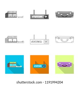 Vector illustration of train and station icon. Set of train and ticket stock symbol for web.