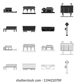 Vector illustration of train and station icon. Collection of train and ticket stock symbol for web.