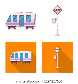 Vector illustration of train and station icon. Set of train and ticket stock symbol for web.
