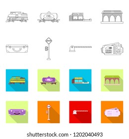 Vector illustration of train and station icon. Set of train and ticket stock symbol for web.