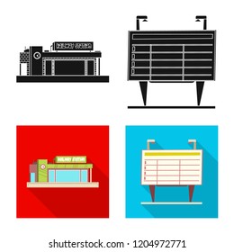 Vector illustration of train and station icon. Set of train and ticket stock vector illustration.