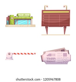 Vector illustration of train and station icon. Set of train and ticket stock vector illustration.