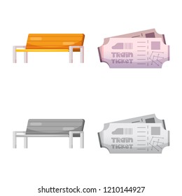 Vector illustration of train and station icon. Set of train and ticket vector icon for stock.