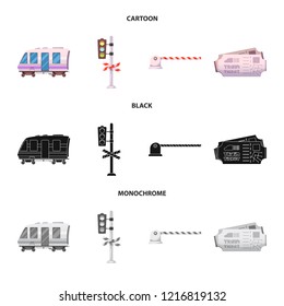 Vector illustration of train and station icon. Collection of train and ticket stock vector illustration.