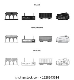 Vector illustration of train and station icon. Set of train and ticket vector icon for stock.