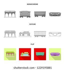 Vector illustration of train and station icon. Set of train and ticket stock vector illustration.