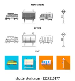 Vector illustration of train and station icon. Set of train and ticket vector icon for stock.