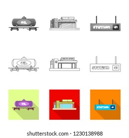 Vector illustration of train and station icon. Collection of train and ticket stock vector illustration.