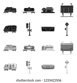 Vector illustration of train and station icon. Set of train and ticket vector icon for stock.