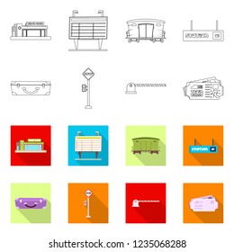Vector illustration of train and station icon. Set of train and ticket stock symbol for web.