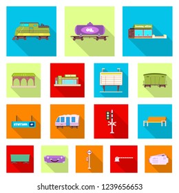 Vector illustration of train and station icon. Set of train and ticket vector icon for stock.