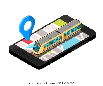 A vector illustration for a train station locater ap.
Icon illustration of an Isometric train on Mobile phone .
Wireless device with locater map app device.